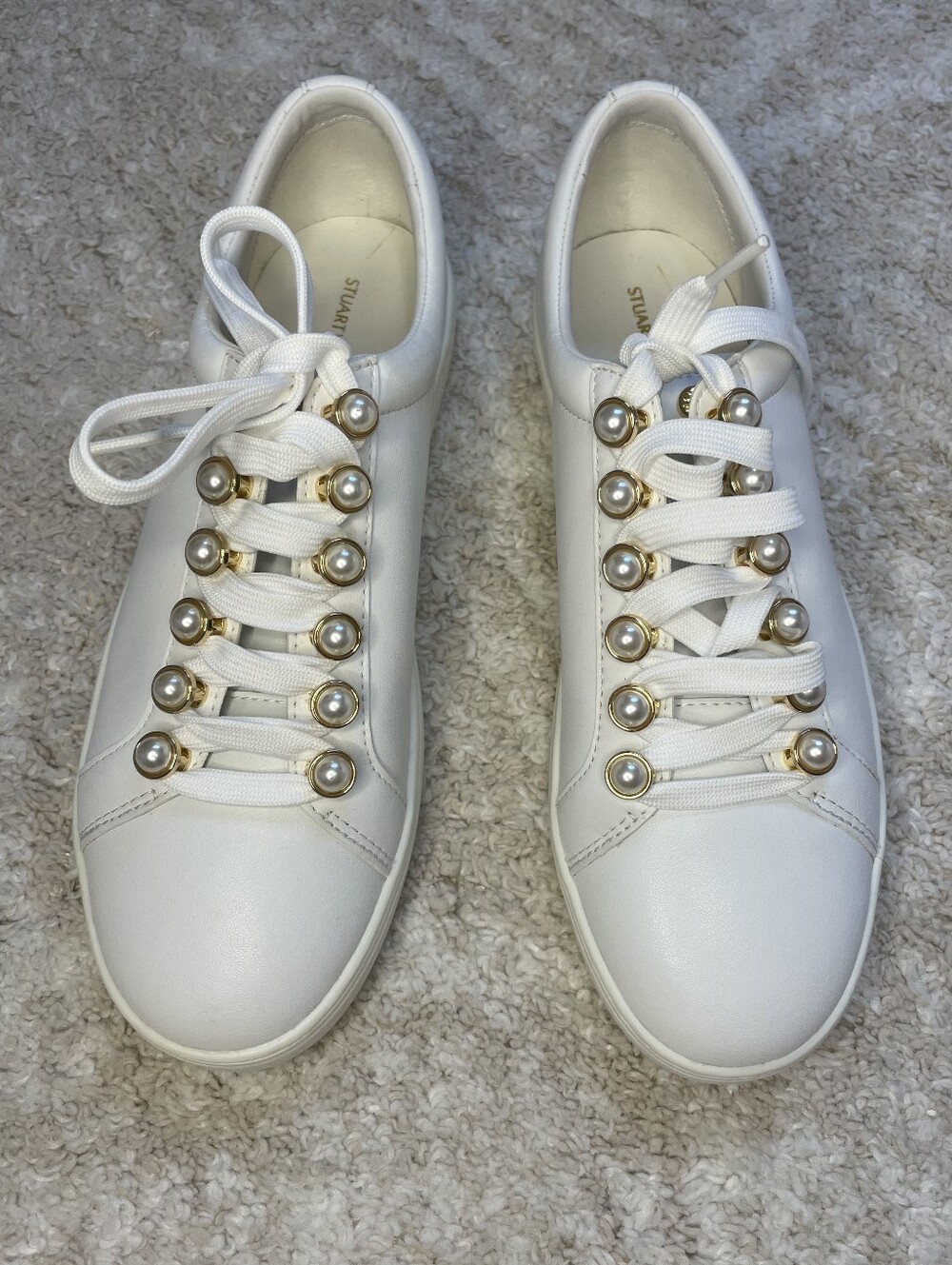 Stuart Weitzman White Leather Platform Sneakers with Gold Eyelets Size 7